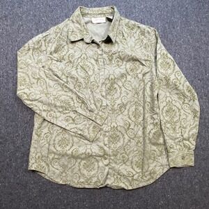 Lemon Grass Damask Scroll Women Large Green Cotton Button Down Shirt Long Sleeve